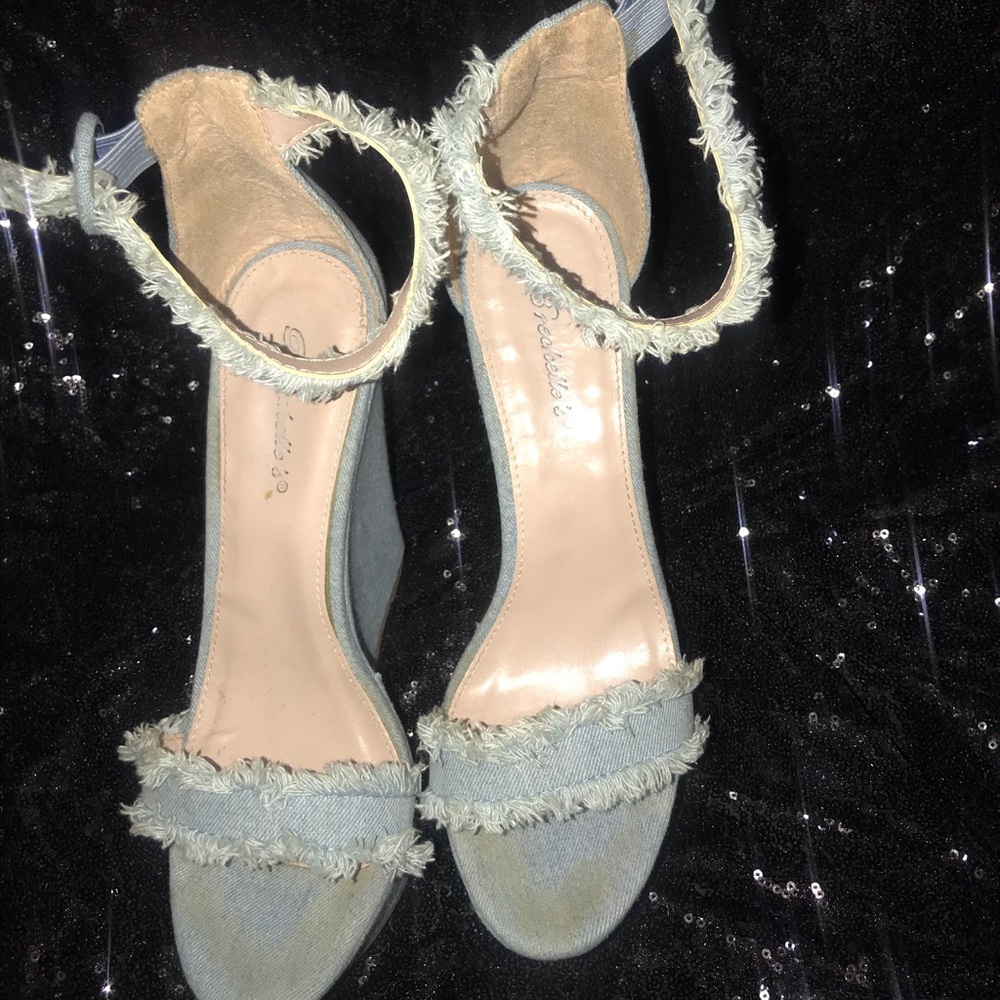 Denim peep toe wedges
